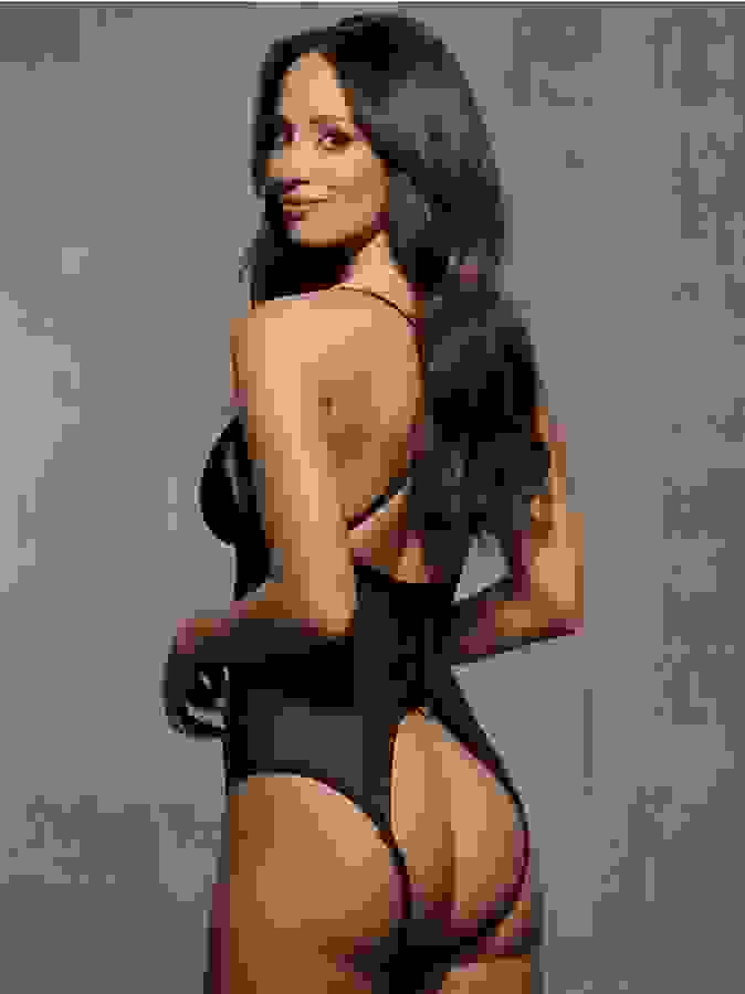 Obsessive Black Mesh Crotchless Sheer Lace Open Back Body, Black, hi-res